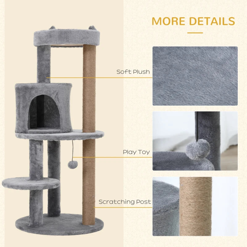 Grey Cat Tree Tower with Scratching Posts and Plush Perch