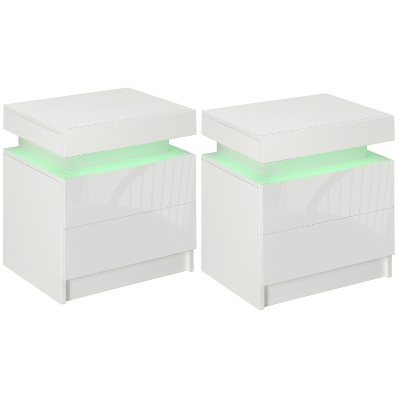 White High Gloss LED Bedside Table with 2 Drawers