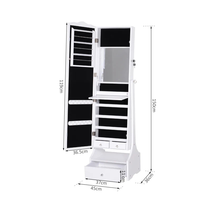 White LED Jewelry Cabinet Armoire with Mirror and Lock