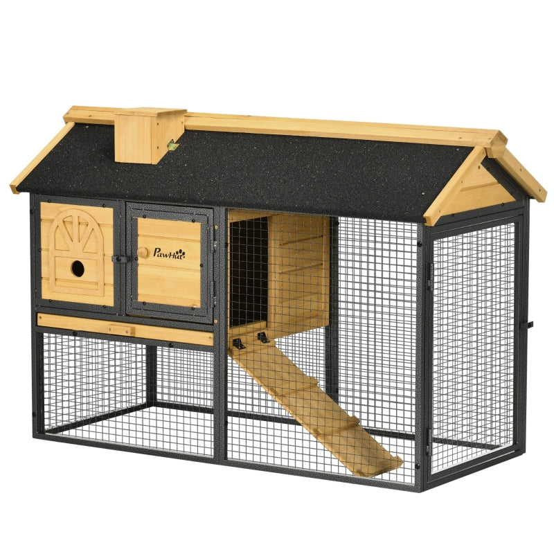 Outdoor Rabbit Hutch with Run and Asphalt Roof, 120 x 55.5 x 80cm, Grey