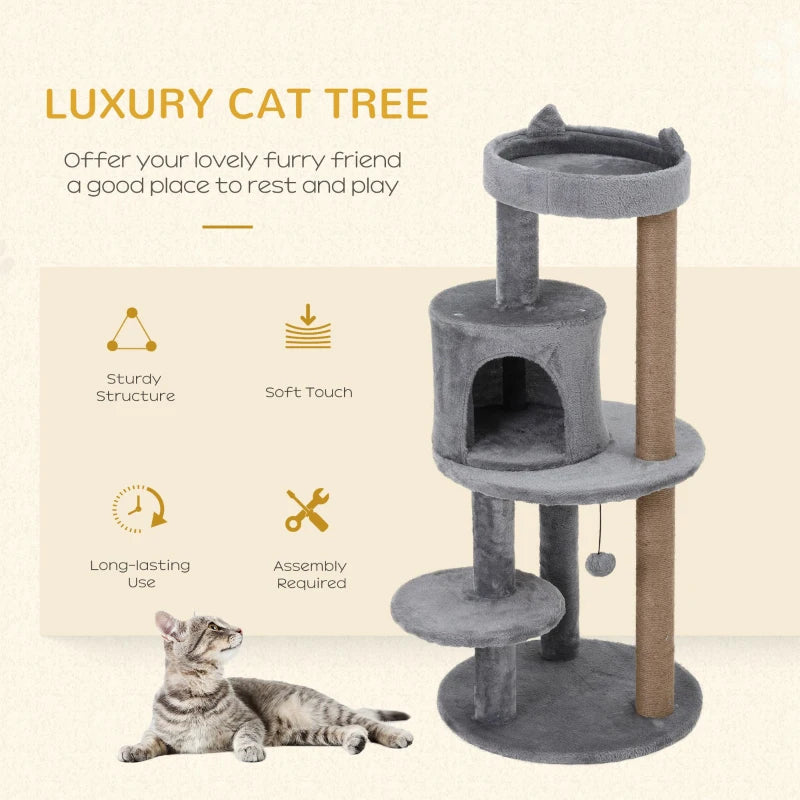 Grey Cat Tree Tower with Scratching Posts and Plush Perch