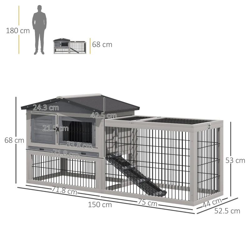 Grey Outdoor Rabbit Hutch with Run, 2-Level Design, Water-Resistant, 150 x 52.5 x 68 cm