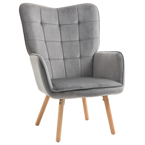 Grey Velvet Tufted Wingback Armchair with Wood Legs