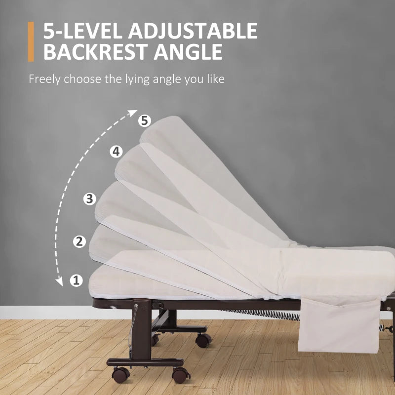 White Folding Guest Bed with Adjustable Backrest, Metal Frame - Single, Portable, 190 x 76 cm