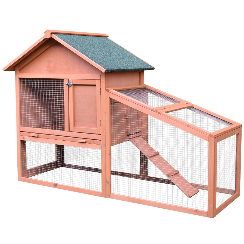 Wooden Outdoor Rabbit Hutch with Ramp and Sliding Tray - Brown - 144 x 64.5 x 100 cm