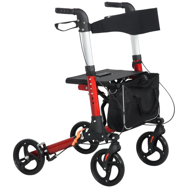 Red Folding Rollator Walker with Seat and Storage Bag