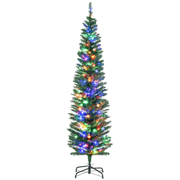 6ft Pre-lit Christmas Tree with Colourful LED Lights, Pencil Shape, Steel Base - Green