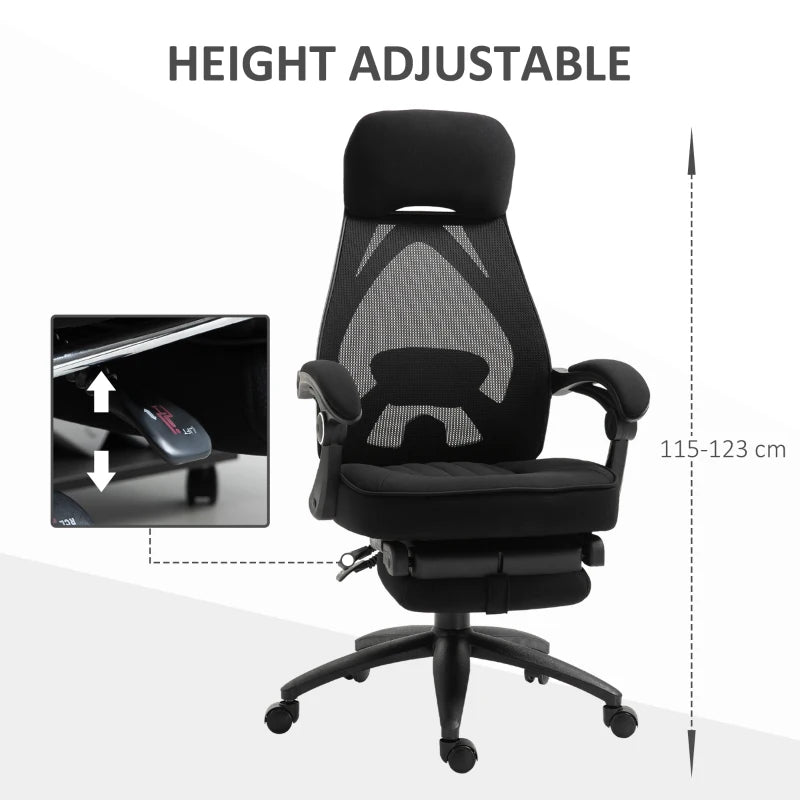 Black Mesh Office Chair with Footrest - High Back Recliner