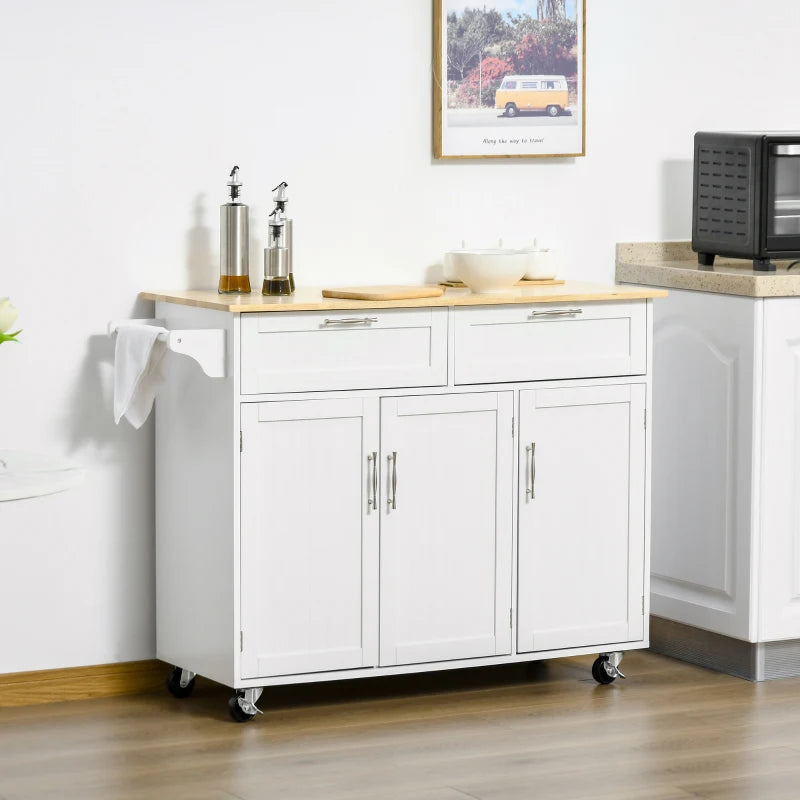 White Kitchen Island Cart with Storage Drawers and Cabinets
