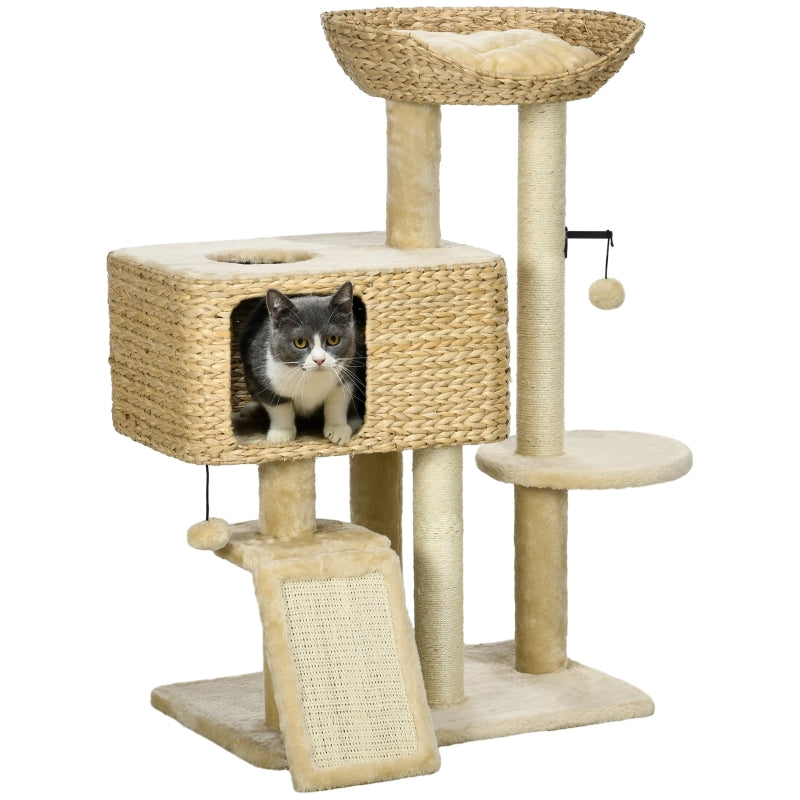 Beige Cat Tree Tower with Scratching Post and Toy Ball