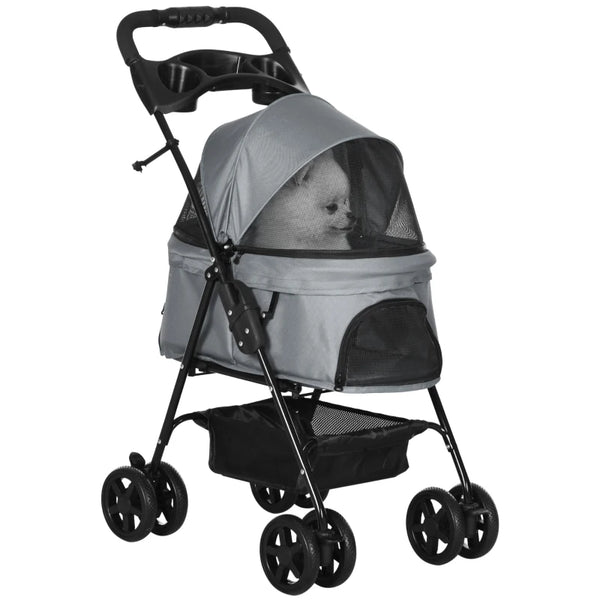 Grey Pet Stroller with Canopy and Storage Basket