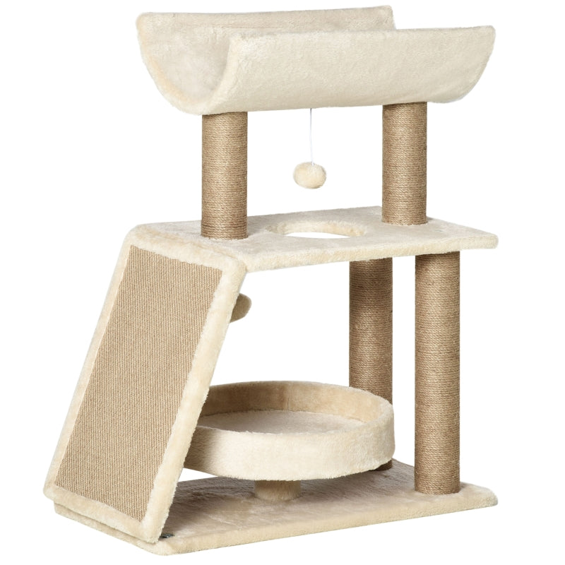 Cat Tree with Scratching Posts, Pad, Bed, Perch & Ball - Light Brown