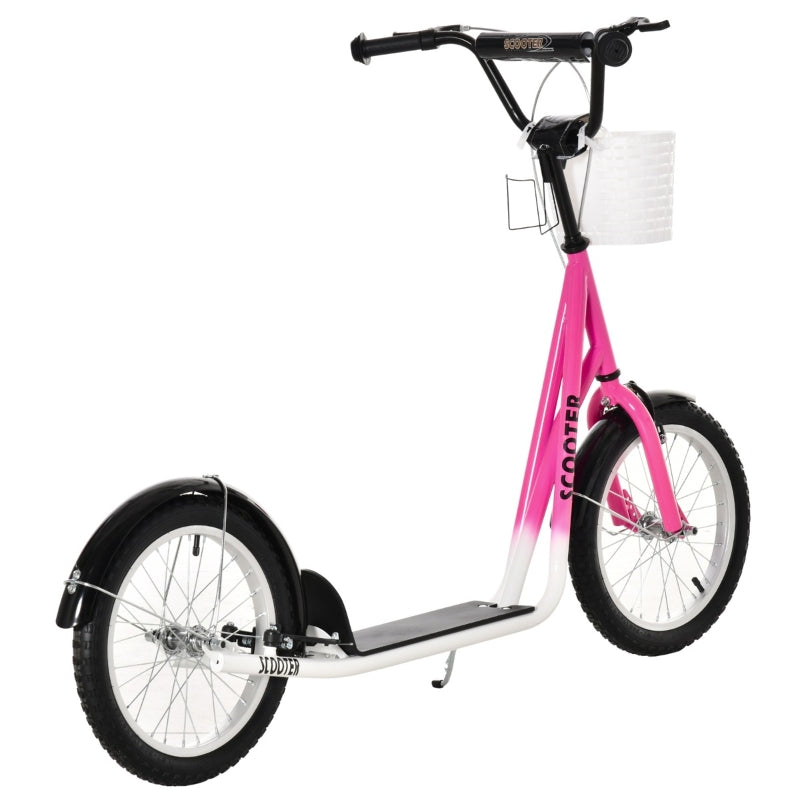 Pink Kids Scooter with Adjustable Handlebar, 2 Brakes, Basket, Cupholder, Mudguard, 16" Inflatable Tyres