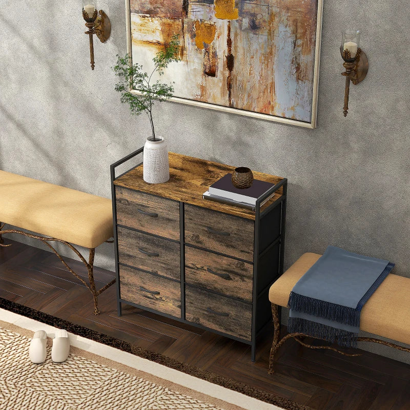 Rustic Brown Wood Effect 6-Drawer Fabric Chest