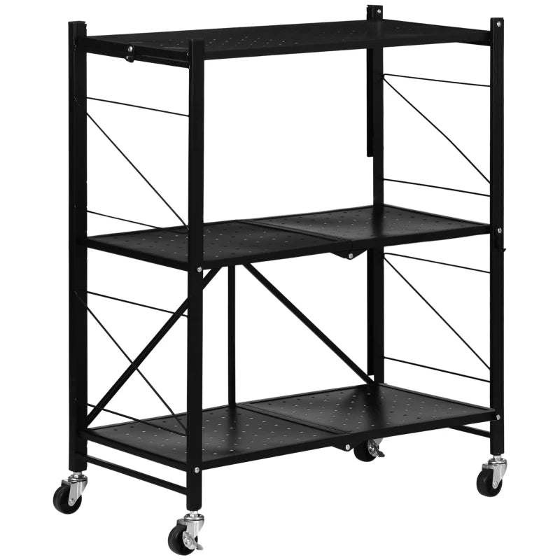 Black 3-Tier Foldable Storage Trolley Cart - Kitchen, Living Room, Bathroom - 68 x 34.5 x 85.5 cm