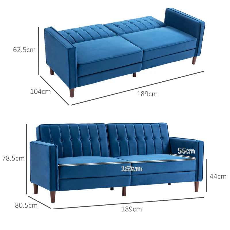 Blue Velvet Convertible Sofa Loveseat with Adjustable Split Back