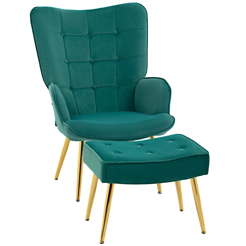 Dark Green Velvet Armchair with Ottoman and Steel Legs