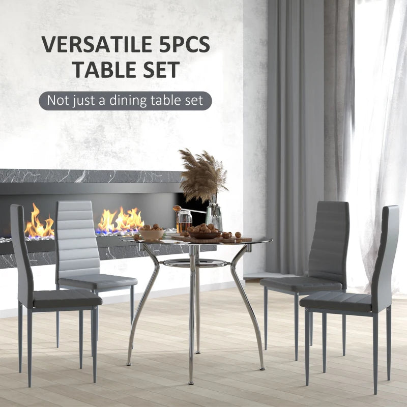 Grey 5-Piece Dining Set with Padded Chairs and Glass-Top Table