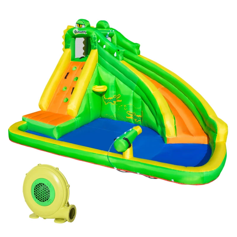 Kids Crocodile Bouncy Castle with Slide & Water Pool - Green