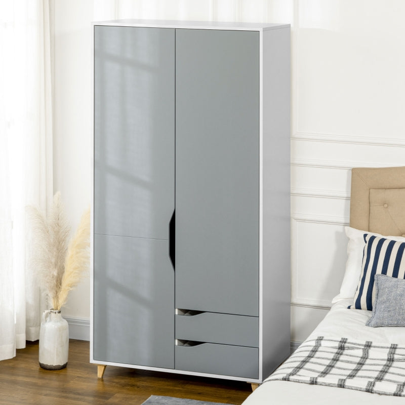 Grey Wardrobe with 2 Doors, 2 Drawers, Hanging Rail, Shelves - Bedroom Clothes Storage 89x50x185cm