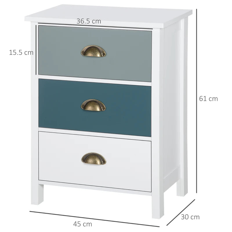 Grey and Blue 3-Drawer Shabby Chic Nightstand Set for Living Room and Bedroom