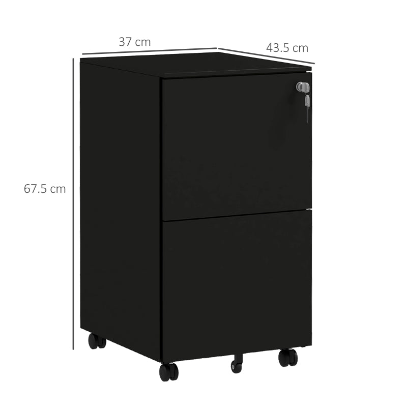 Black 2-Drawer Steel Vertical File Cabinet with Lock & Wheels