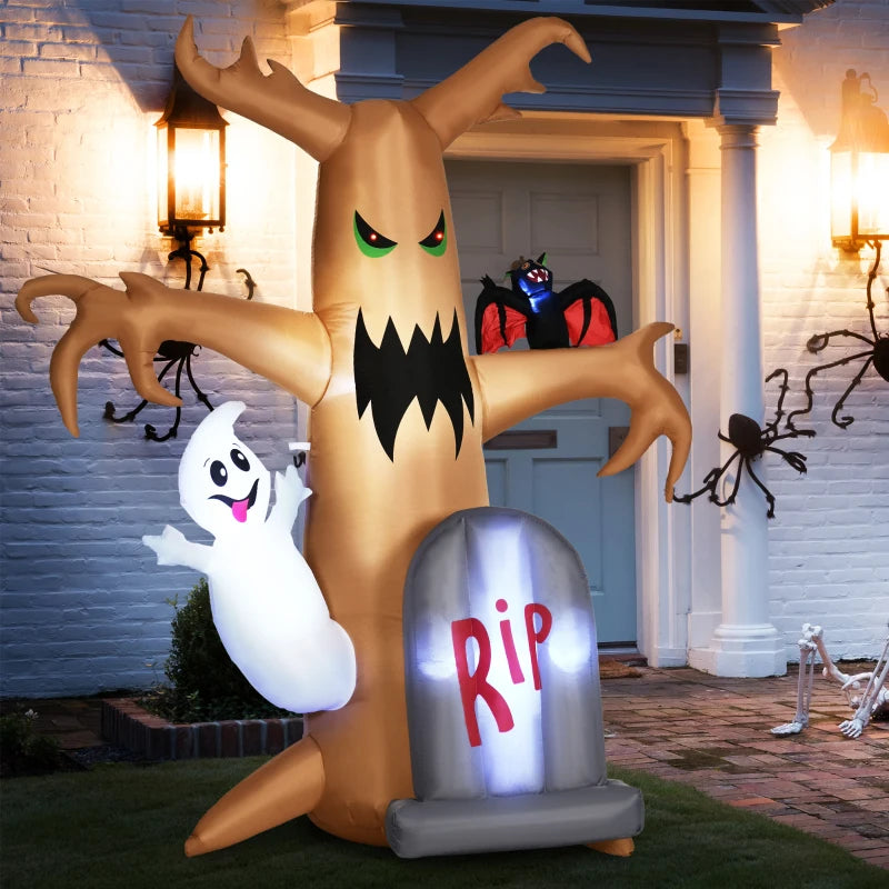 8ft Inflatable Halloween Ghost Tree with White Ghost and Tombstone, Outdoor LED Display - Spooky Decor for Lawn & Garden