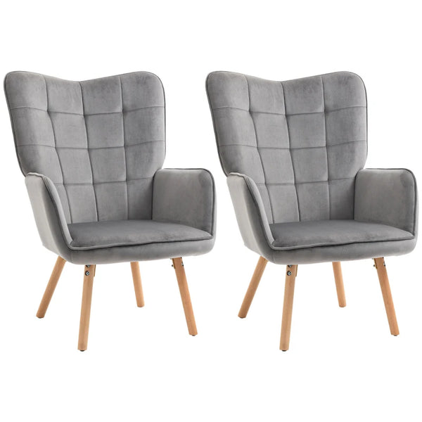 Grey Velvet Tufted Wingback Armchair Set of 2