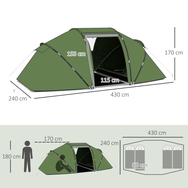 Dark Green 4-6 Person Camping Tunnel Tent with Two Bedrooms and UV Protection