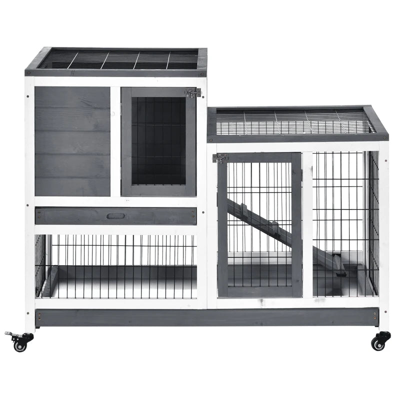 Grey Wooden Indoor Small Animal Hutch with Wheels and Enclosed Run