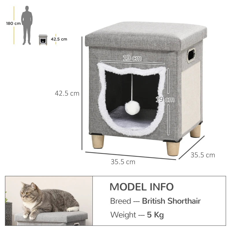 Grey Cat Bed Ottoman with Scratching Pad and Toy Ball