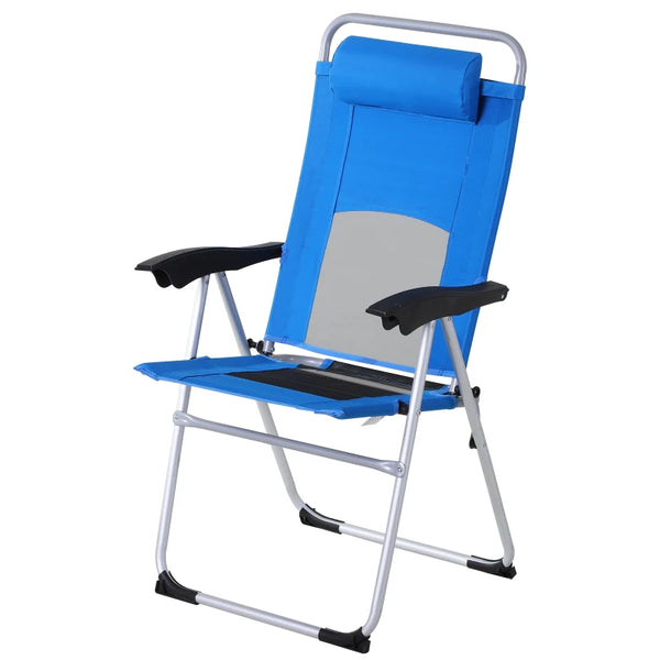 Blue Folding Camping Chair with Adjustable Recliner and Pillow
