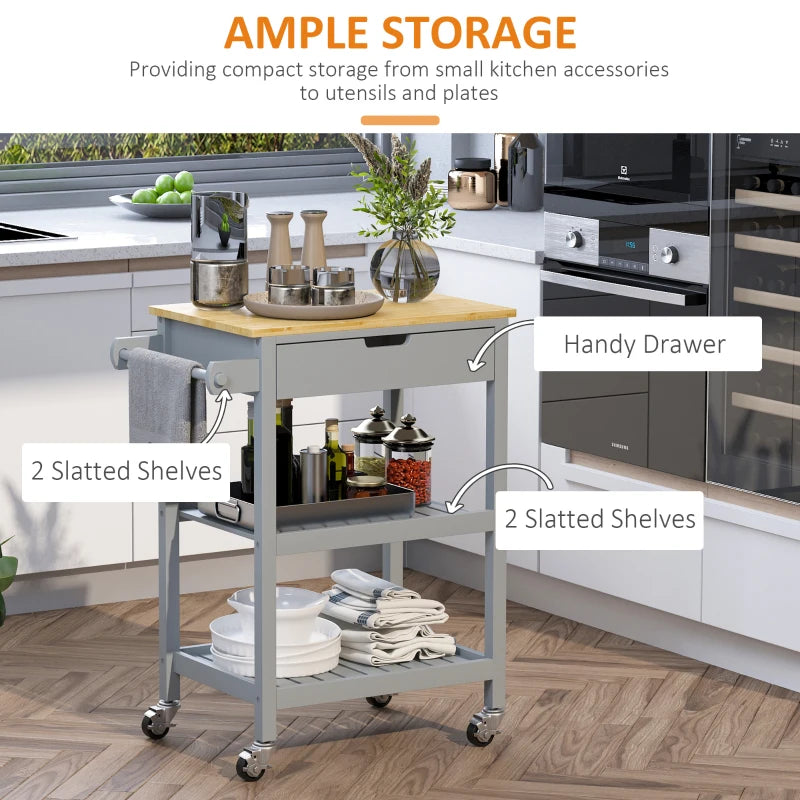 Grey Kitchen Utility Cart with Rubberwood Worktop and Storage