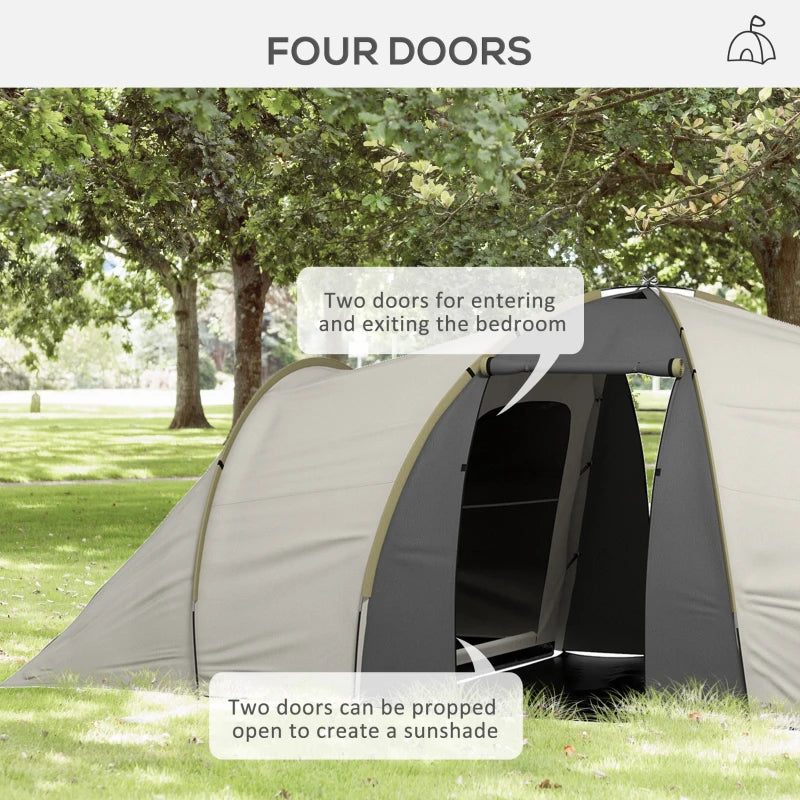 4-Person Tunnel Camping Tent with 2 Bedrooms and Living Area - Grey/Yellow