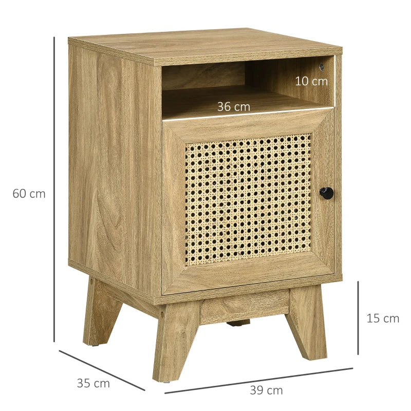 Natural Rattan Bedside Table with Shelf and Cupboard, 39x35x60cm