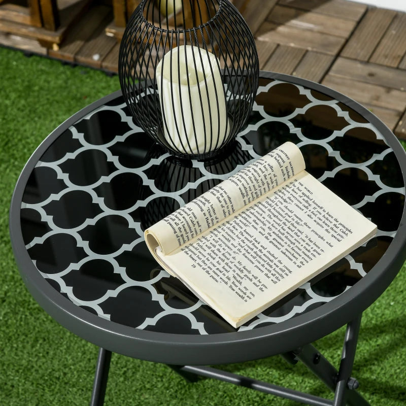 Round Outdoor Folding Patio Table with Imitation Marble Glass Top, Black & White