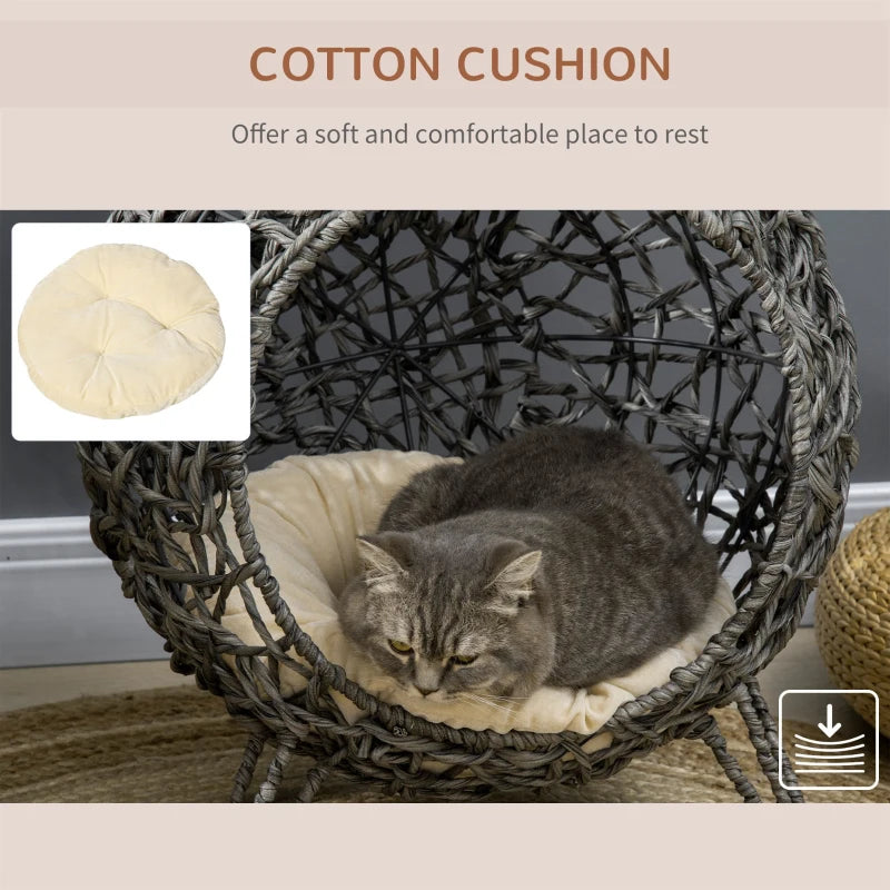 Silver and Grey Rattan Cat Bed with Removable Cushion