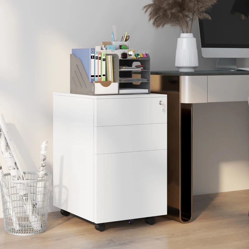White 3-Drawer Steel Filing Cabinet with Lock and Wheels