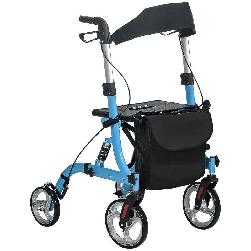 Blue Folding Rollator Walker with Seat and Large Wheels