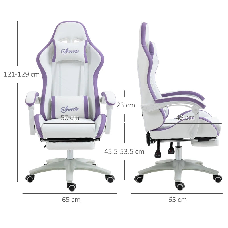 White & Purple Racing Gaming Chair with Footrest & Swivel Seat