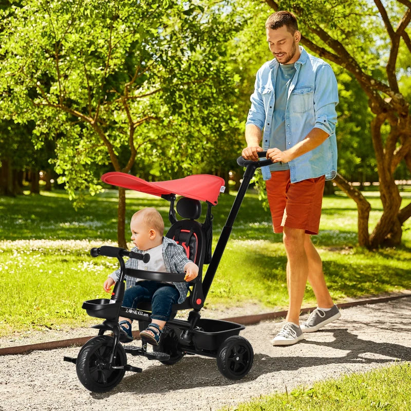 Red 4-in-1 Kids Tricycle with Adjustable Seat and Canopy