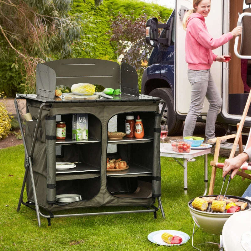 Foldable Camping Kitchen Storage Unit with Windshield & 6 Shelves - Blue