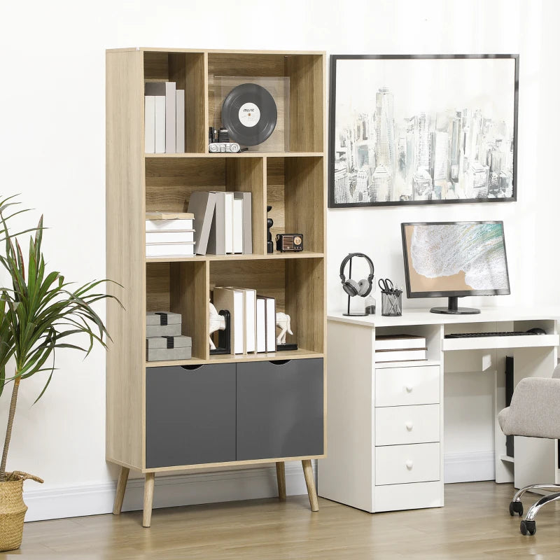 Modern Bookcase with Bottom Cabinet and 6 Open Shelves, Natural & Dark Grey