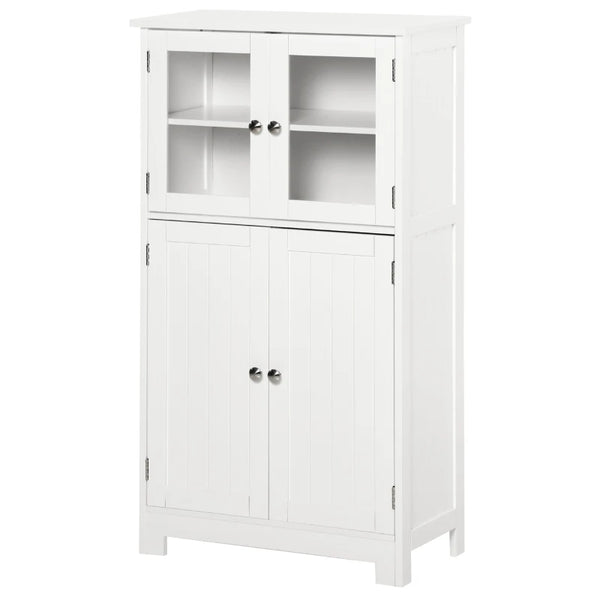 White Bathroom Storage Cabinet with Glass Doors & Adjustable Shelf