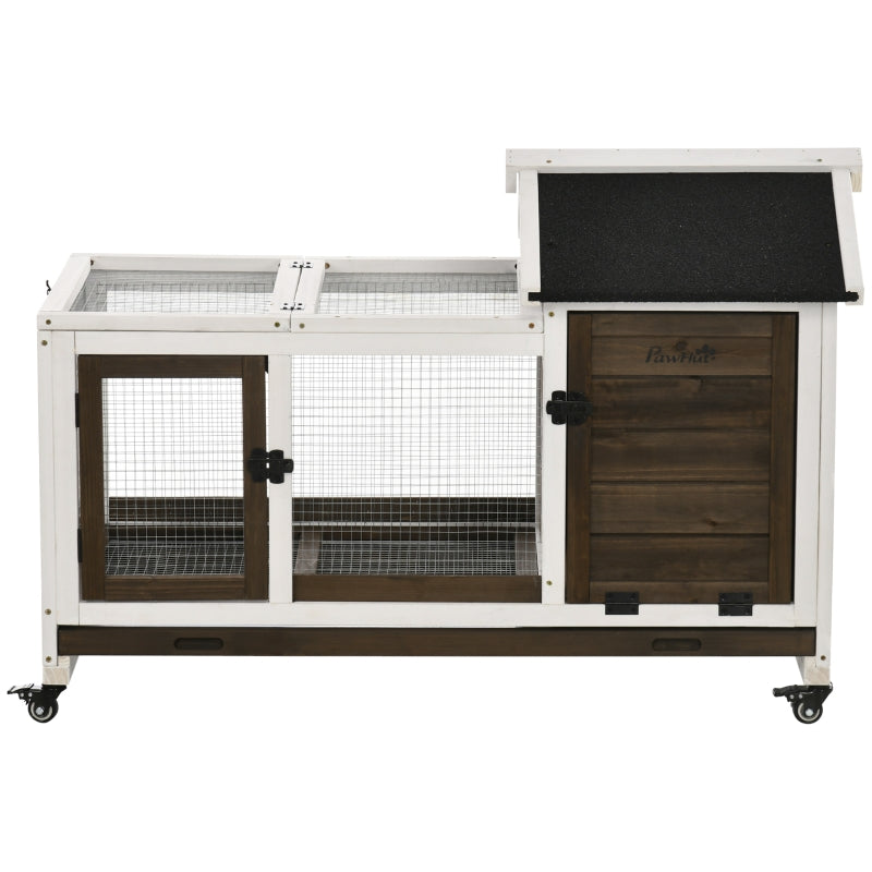 Brown Wooden Rabbit Hutch with Removable Tray and Wheels