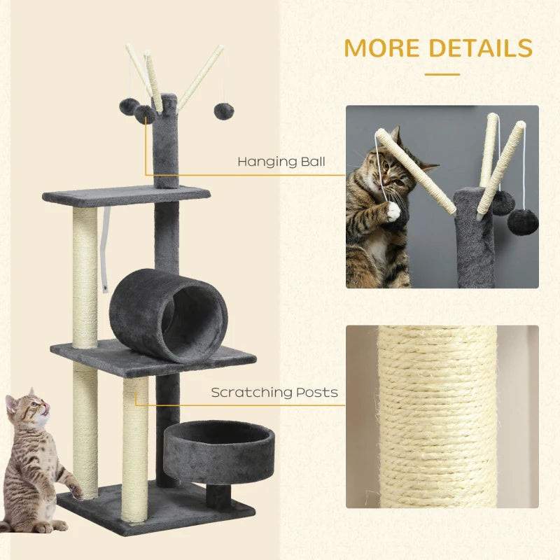 Grey Cat Tree Tower with Scratching Post and Interactive Toys