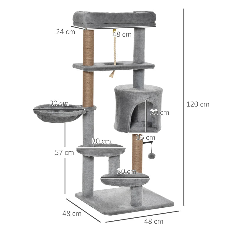 Cat Climbing Tree Tower 120cm with Scratching Post and Hammock - Light Grey