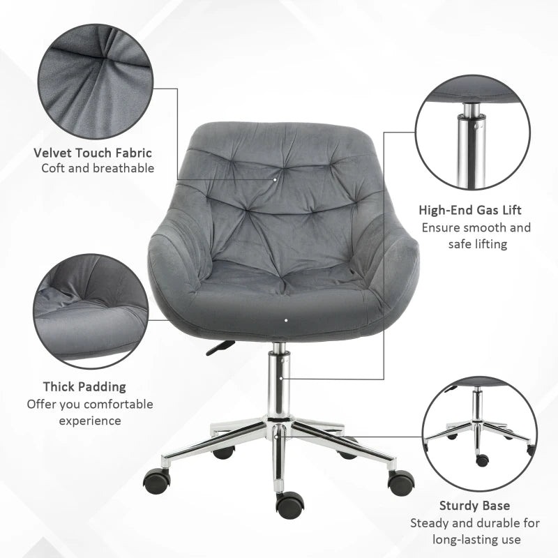 Dark Grey Velvet Swivel Desk Chair with Adjustable Ergonomic Support