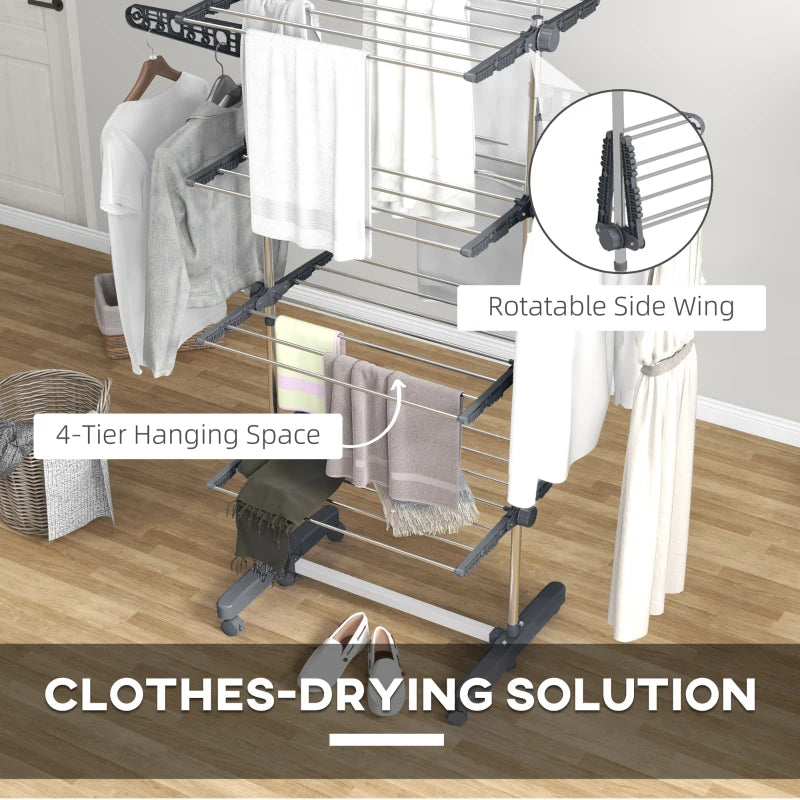 Grey 4-Shelf Folding Clothes Drying Rack with Side Arms and Wheels