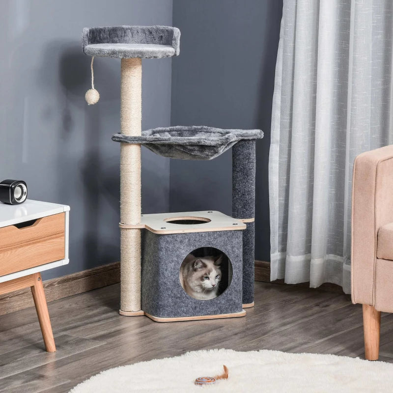 Grey Cat Climbing Tower with Scratching Post & Hammock